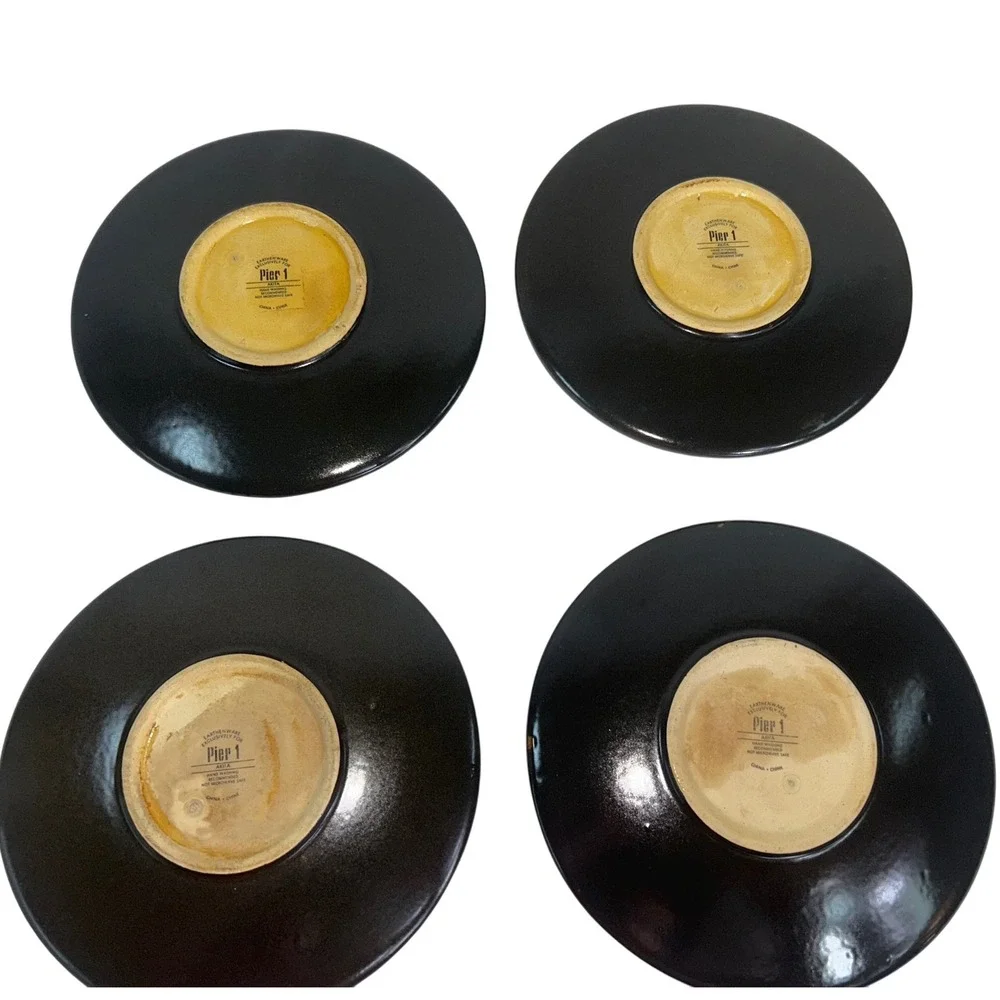 Pier 1‎ Akita Earthenware Plates Set of 4 Brown Gold Floral Design Lotuas Flower